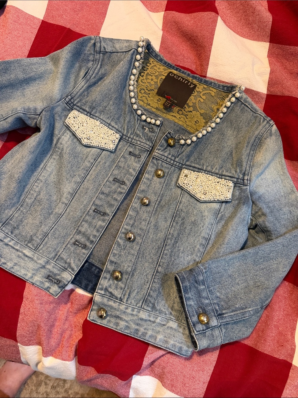Ochirly Cropped Denim Beaded Jacket